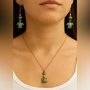 Artisan copper necklace earrings set Turtle pendant and dangle earrings 16”